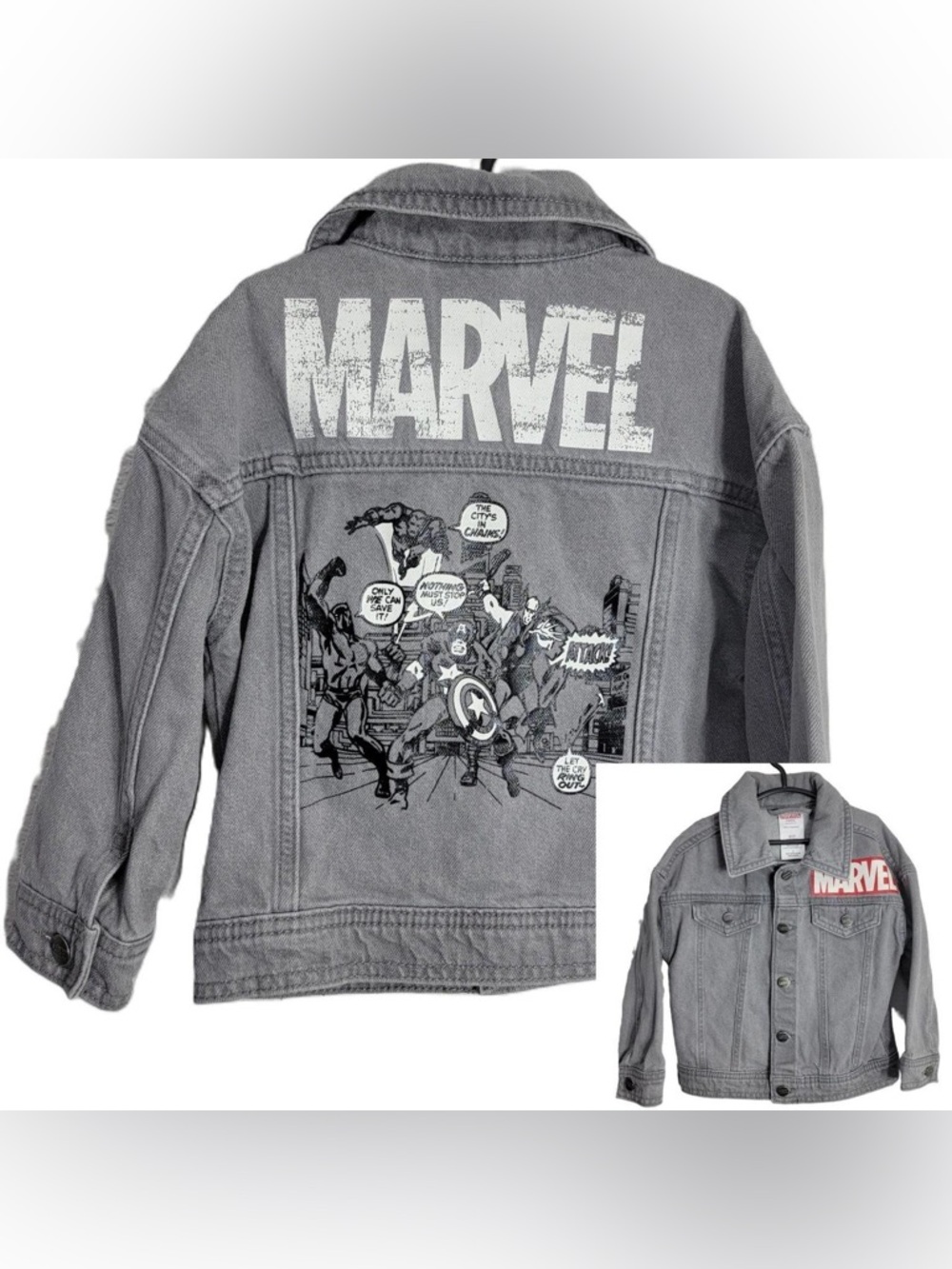 Marvel Gray Denim Jean Jacket with Red Logo Patch